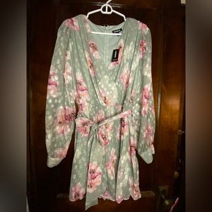 EXPRESS Floral Long Sleeve Pleated Wrap Front Romper